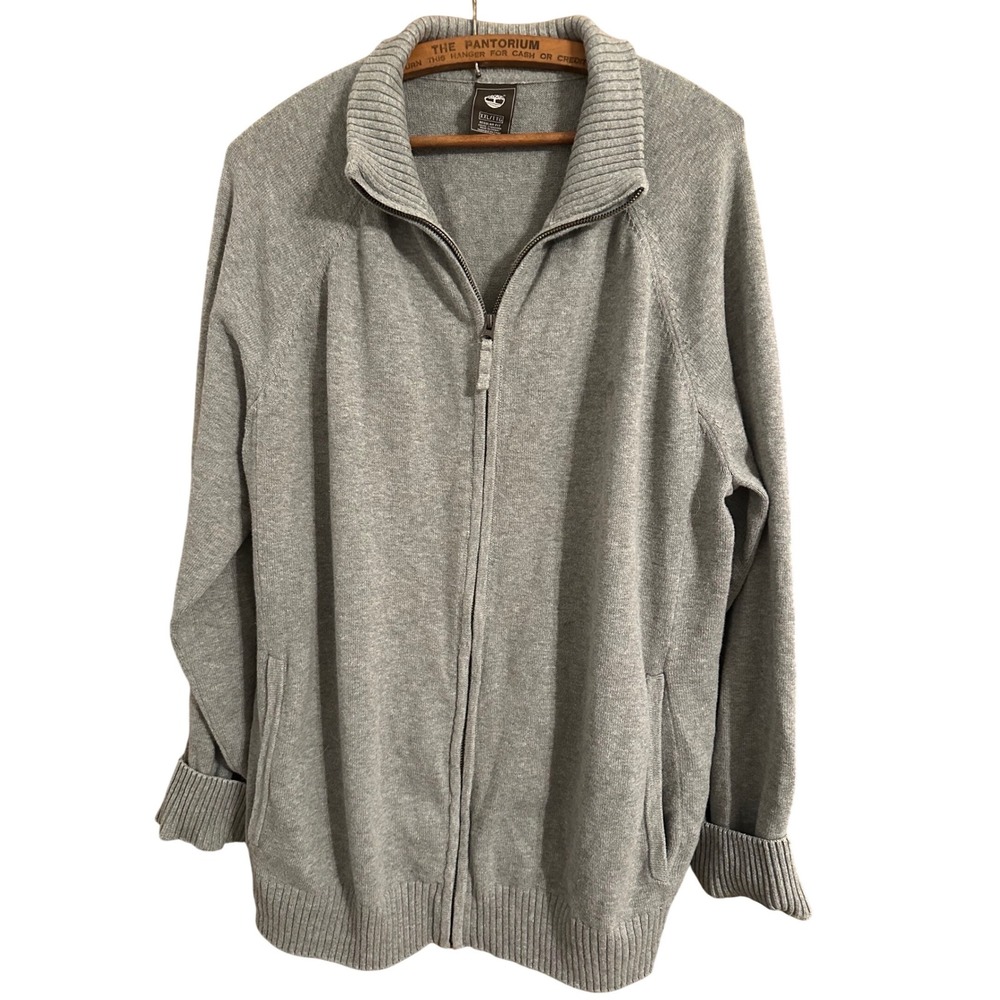 Timberland Full Zip Cardigan Mens XXL Gray Excellent Mock Neck Raglan‎ Sweater
